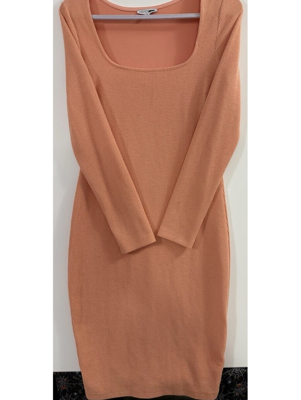 Fashion Nova Womens Peach Coral Ribbed Square Neck Long Sleeve Bodycon Dress XL